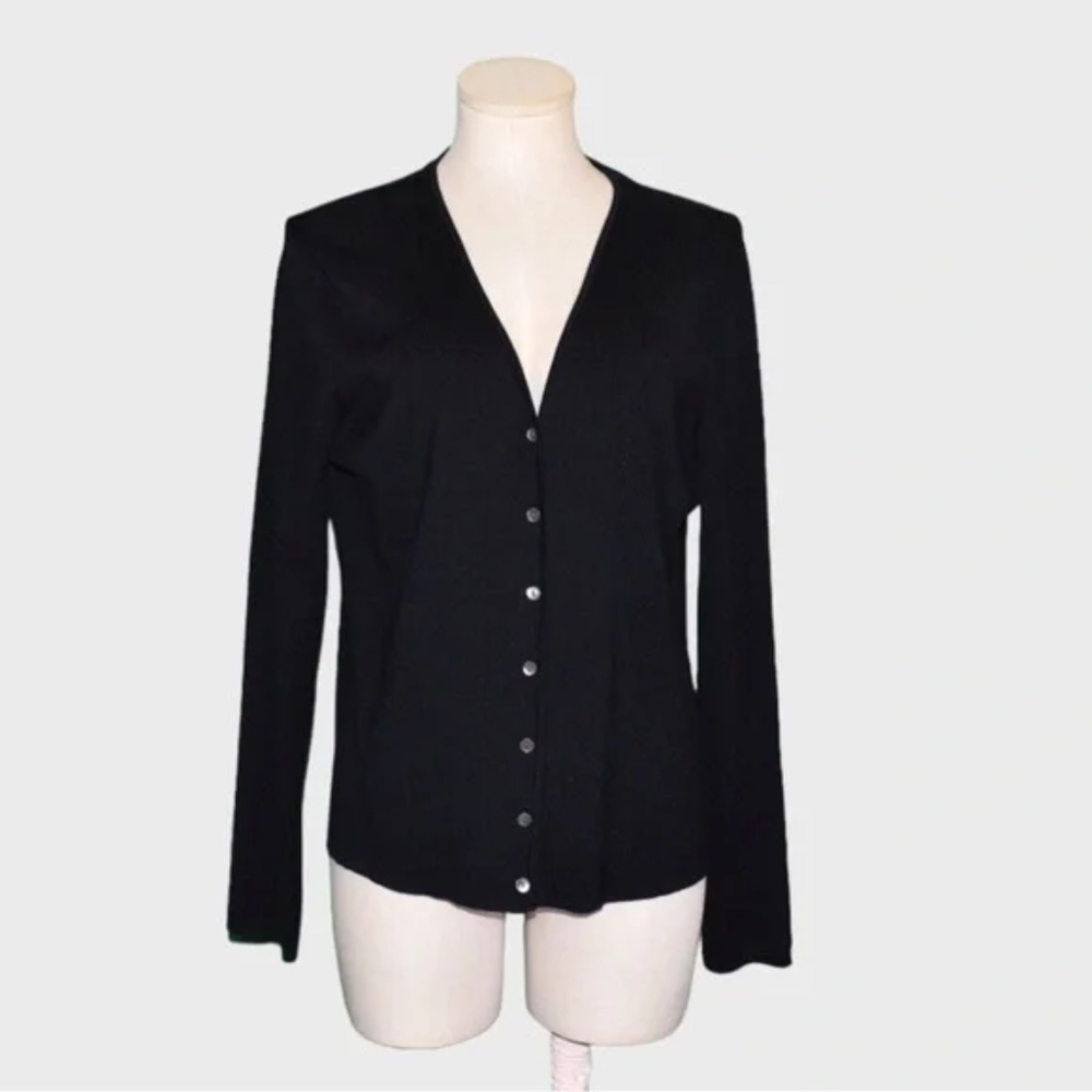 Black V Neck Button Front Stretch Knit‎ Cardigan